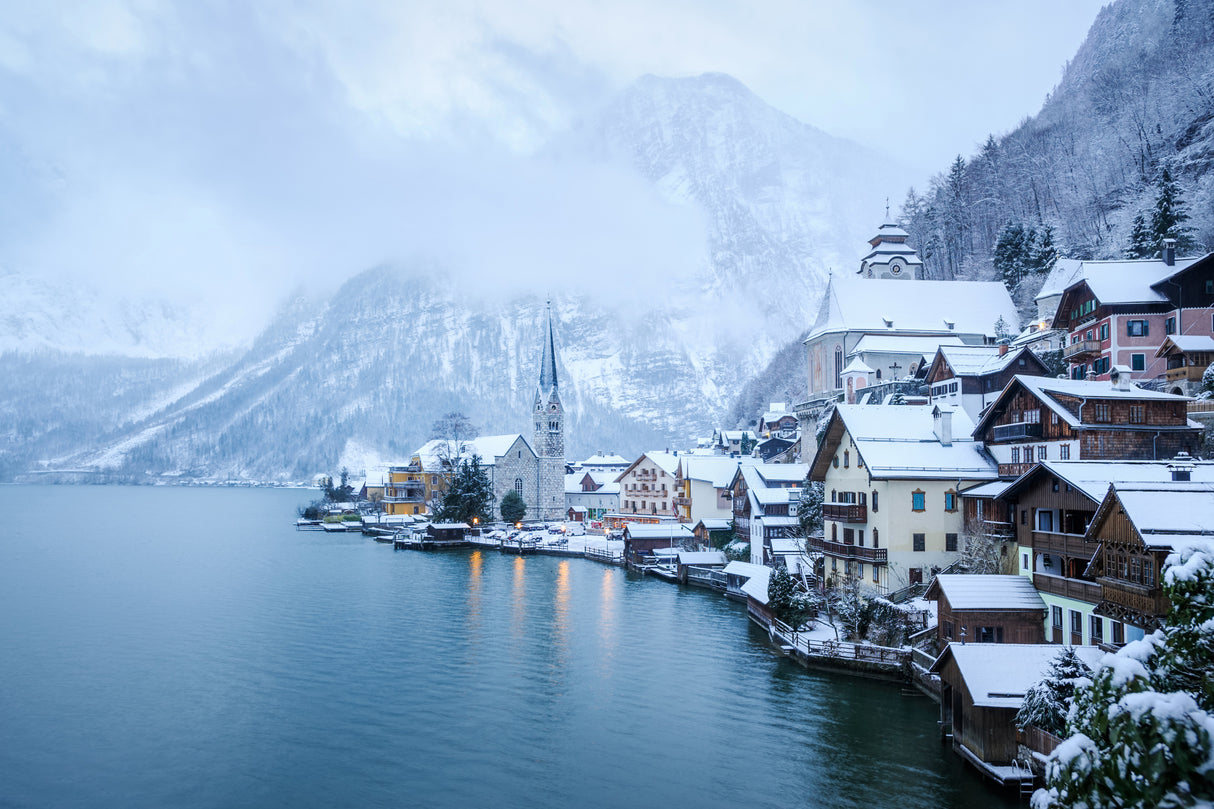 Snow covered Hallstatt village in winter, Austria Poster och Canvastavla
