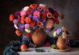 With a bouquet of asters and zinnia Poster och Canvastavla