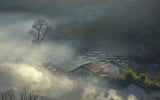 The Village with Curling up Smoke in Morning Mist Poster och Canvastavla