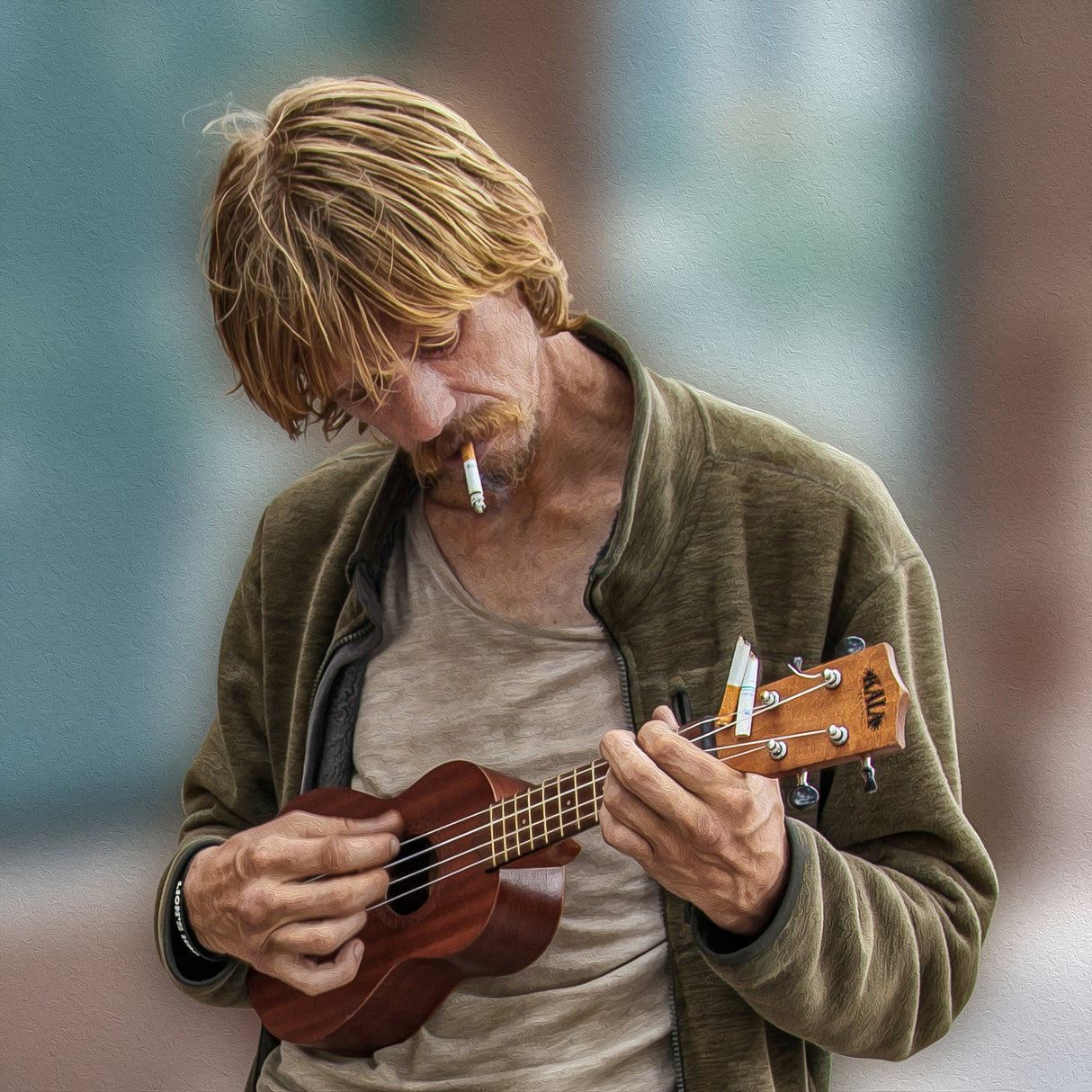 Playing the Blues on an Ukulele for Cigarette Butts Poster och Canvastavla