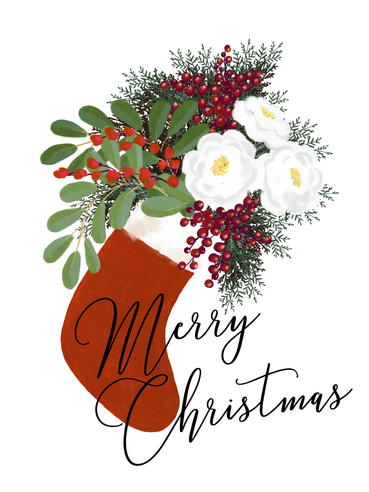 Floral Stocking Merry Christmas in white Poster och Canvastavla