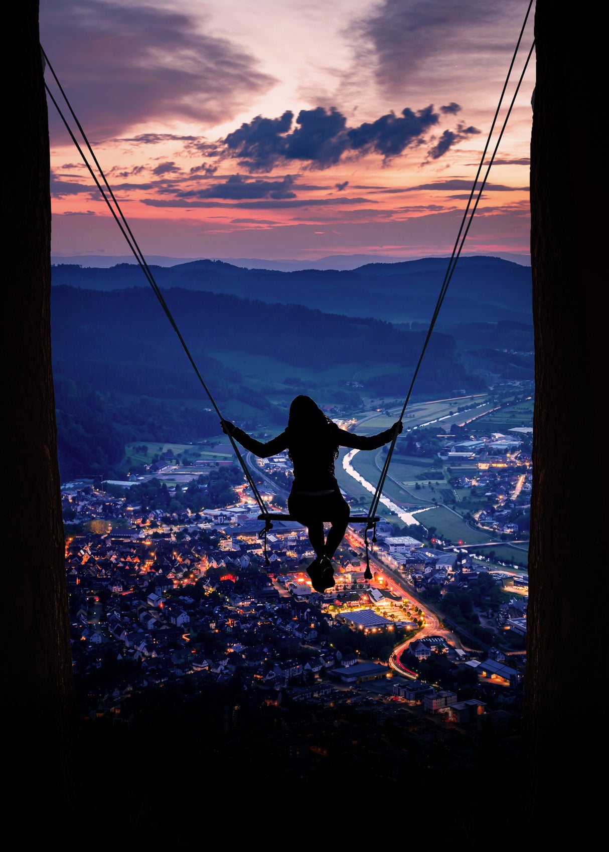 Silhouette Of A Woman On A Swing Poster och Canvastavla