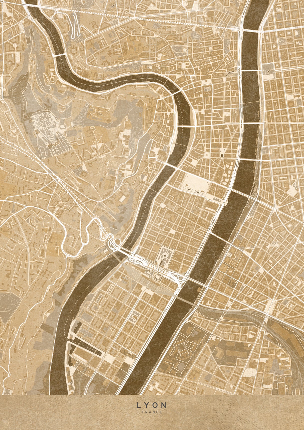 Sepia vintage map of Lyon downtown France Poster och Canvastavla