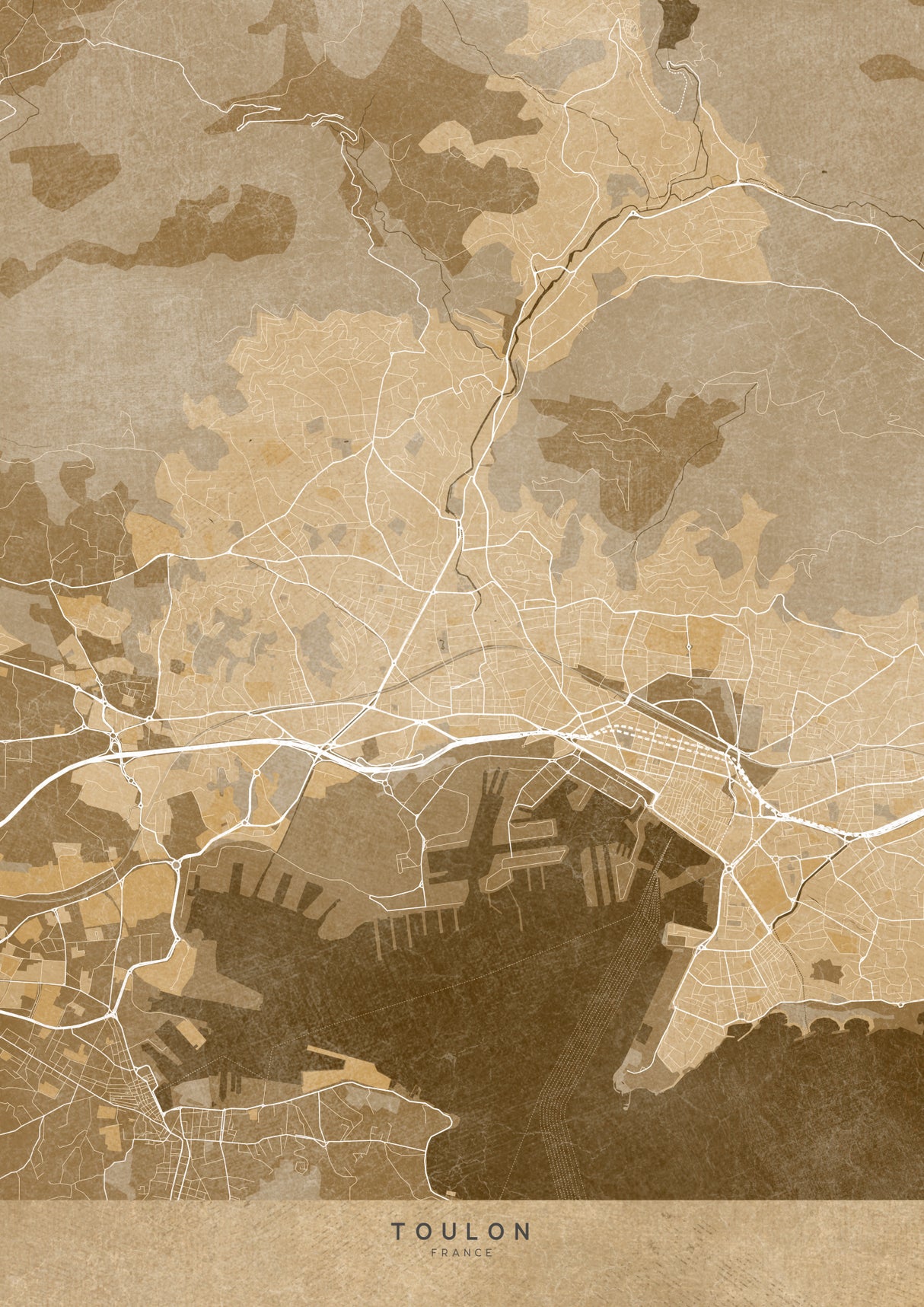 Sepia vintage map of Toulon France Poster och Canvastavla