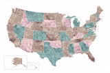 Pink and teal watercolor map of the US Poster och Canvastavla