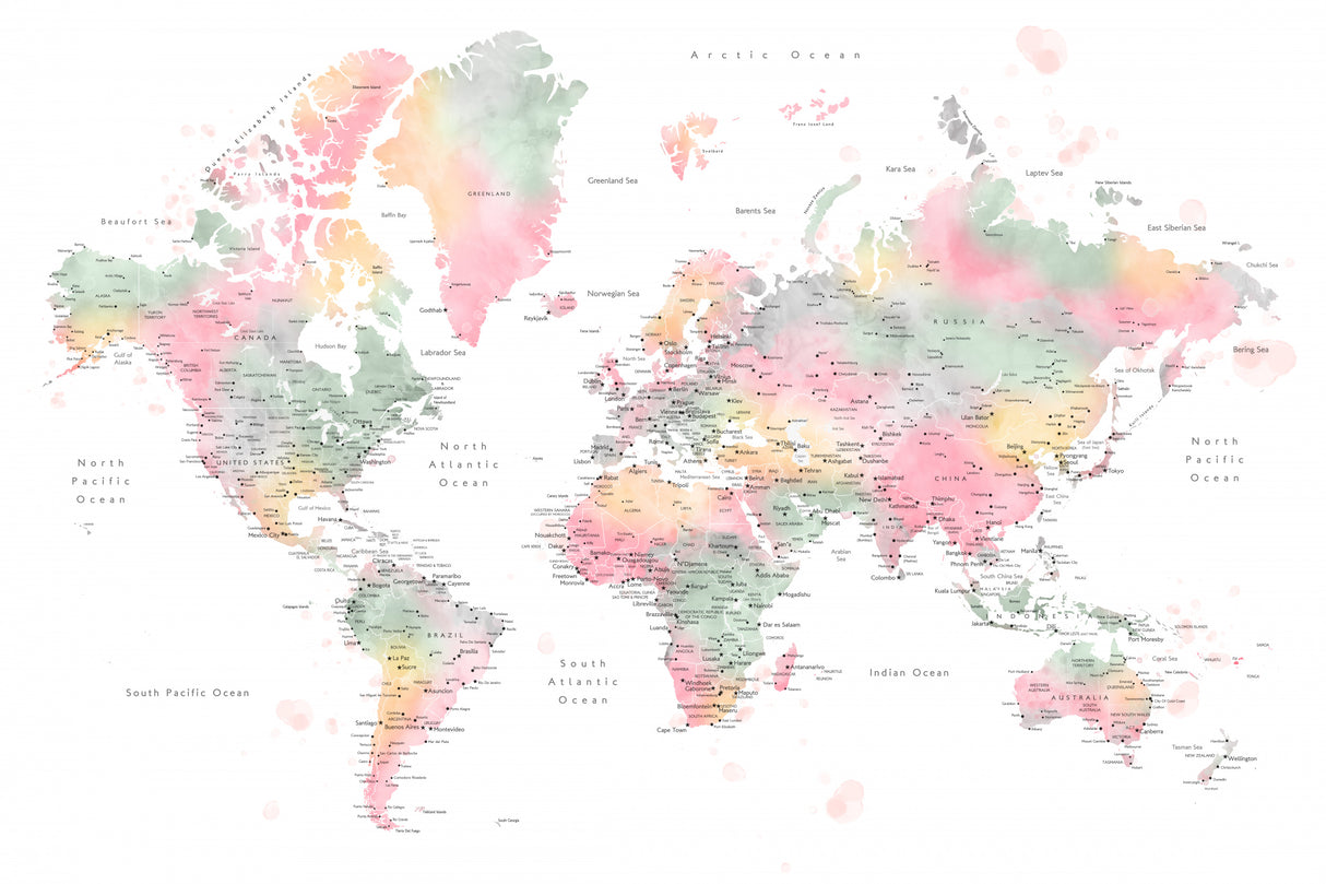 Pastel watercolor world map with cities, Anjah Poster och Canvastavla