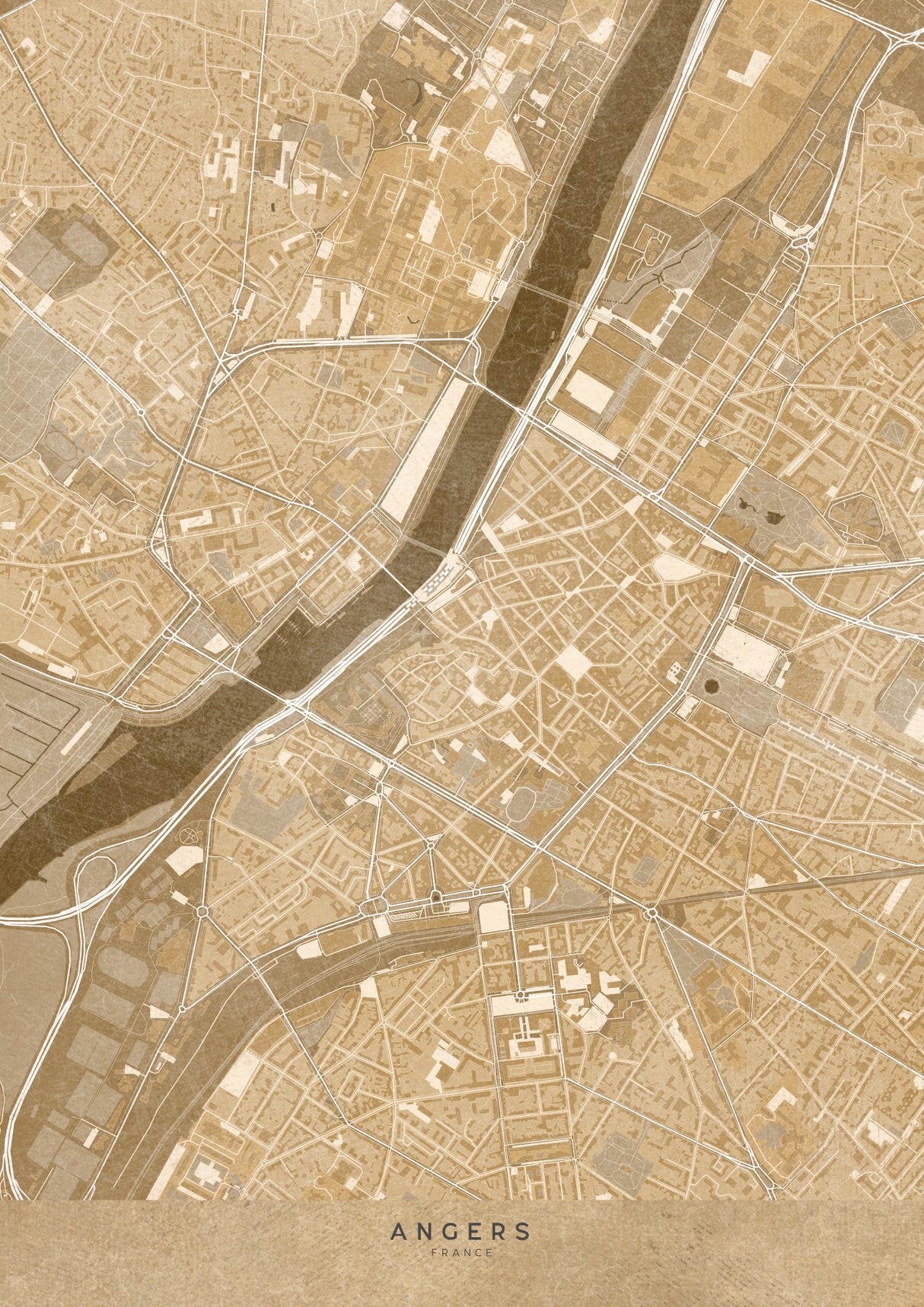 Sepia vintage map of Angers downtown France Poster och Canvastavla