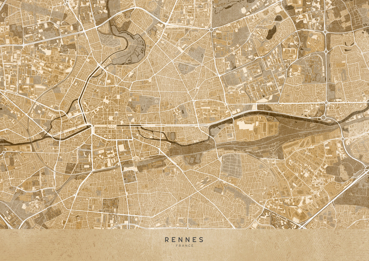 Sepia vintage map of Rennes France Poster och Canvastavla