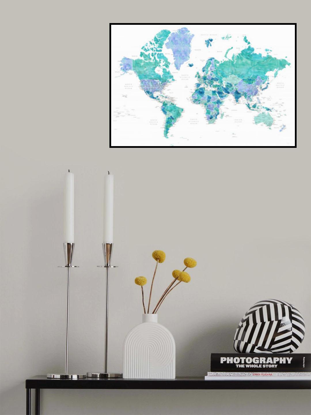Detailed world map with cities, Caribbean waters Poster och Canvastavla