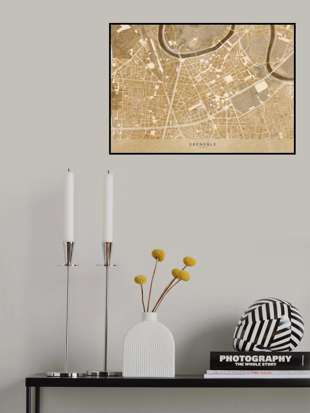Sepia vintage map of Grenoble downtown France Poster och Canvastavla