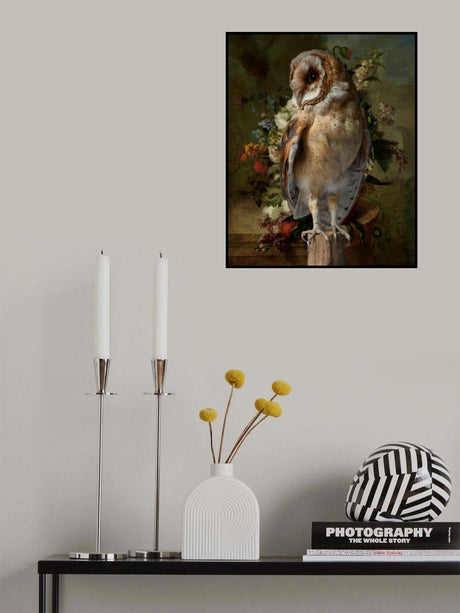 Barn owl in flower still life Poster och Canvastavla