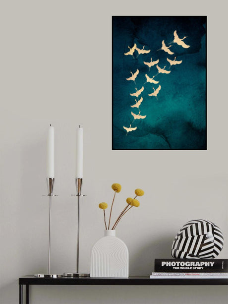 Teal Flying Cranes Poster och Canvastavla