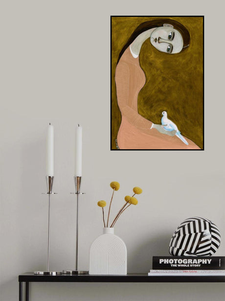 Girl with Dove sitting with pink dress Poster och Canvastavla