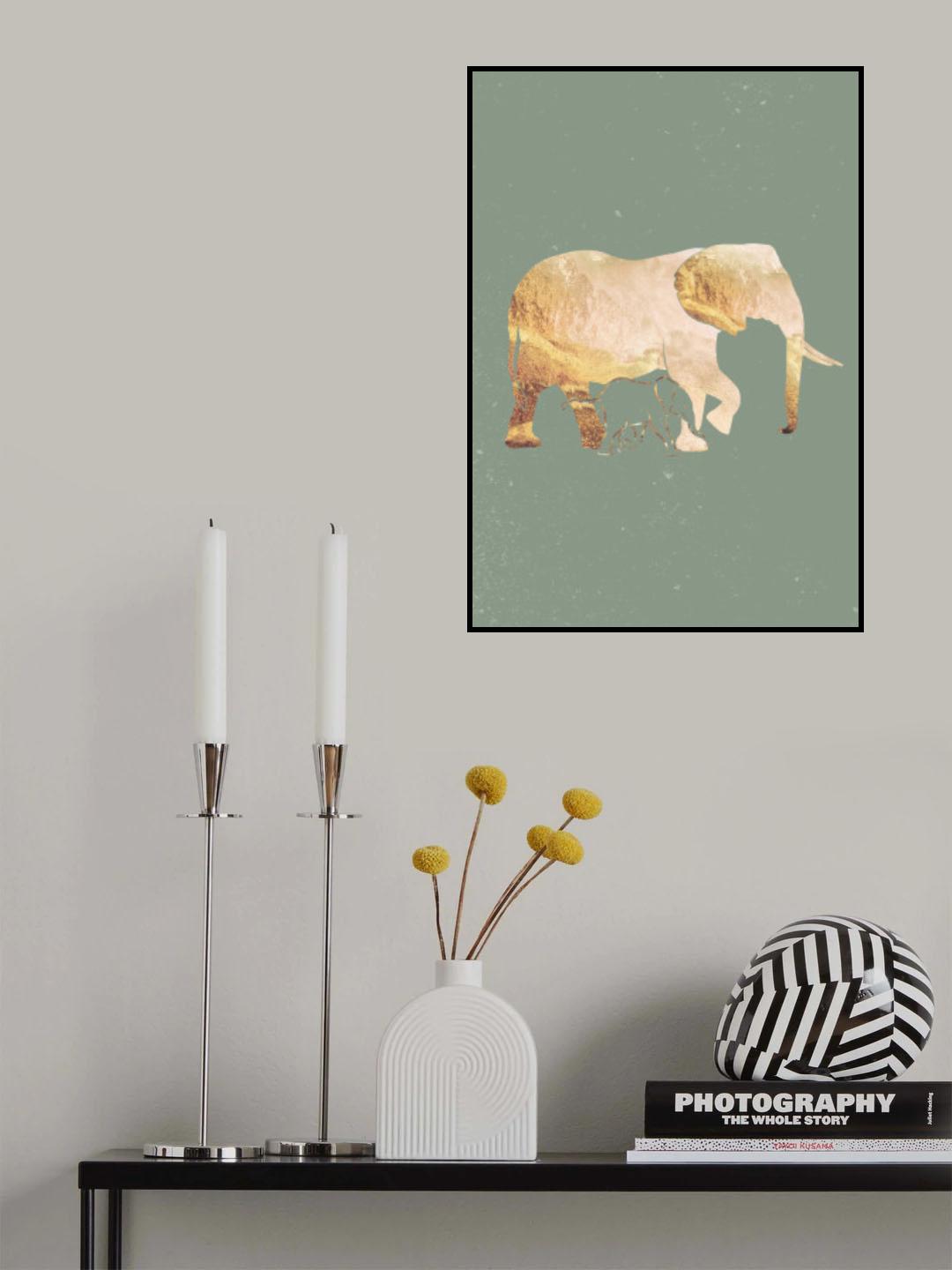 Sage Green Gold Elephants 2 Poster och Canvastavla