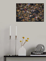 Boats filled with travelers crossing the river to their workplace Poster och Canvastavla