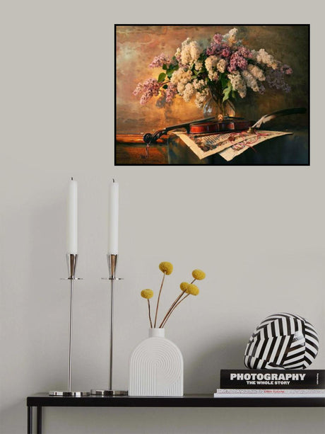 Still life with violin and lilac flowers Poster och Canvastavla