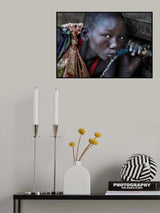 Surmi tribe girl drinking water from a tap - Ethiopia Poster och Canvastavla