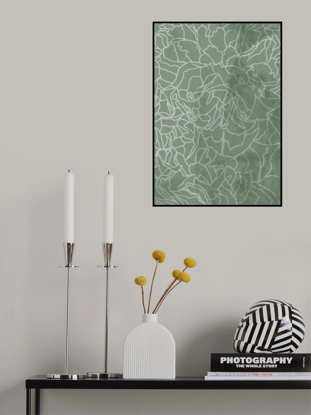 Abstract sage green line drawing flowers Poster och Canvastavla