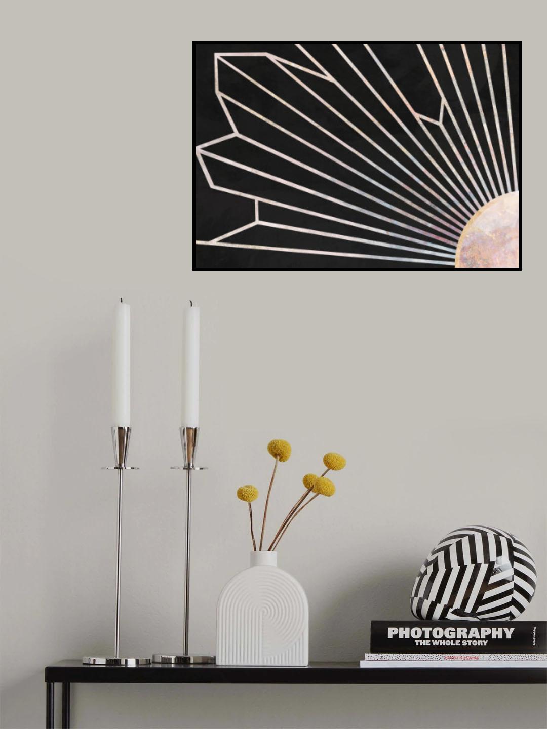 Gold geometric sun rays mural black Poster och Canvastavla