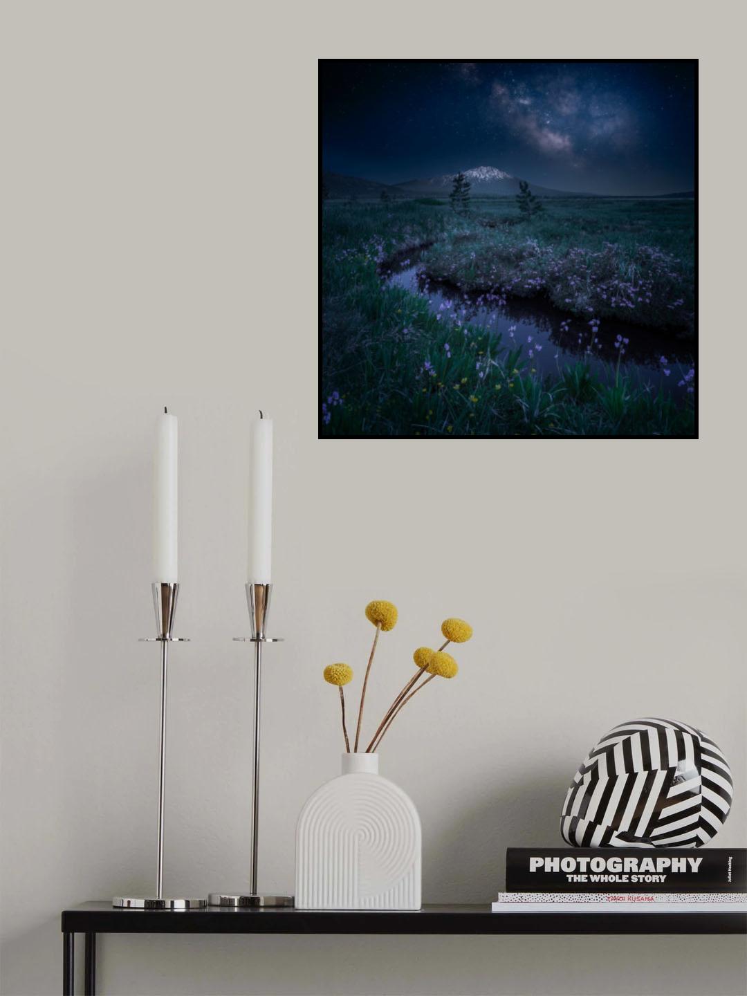 Wildflowers and Snow Mountain Under Milky Way Poster och Canvastavla
