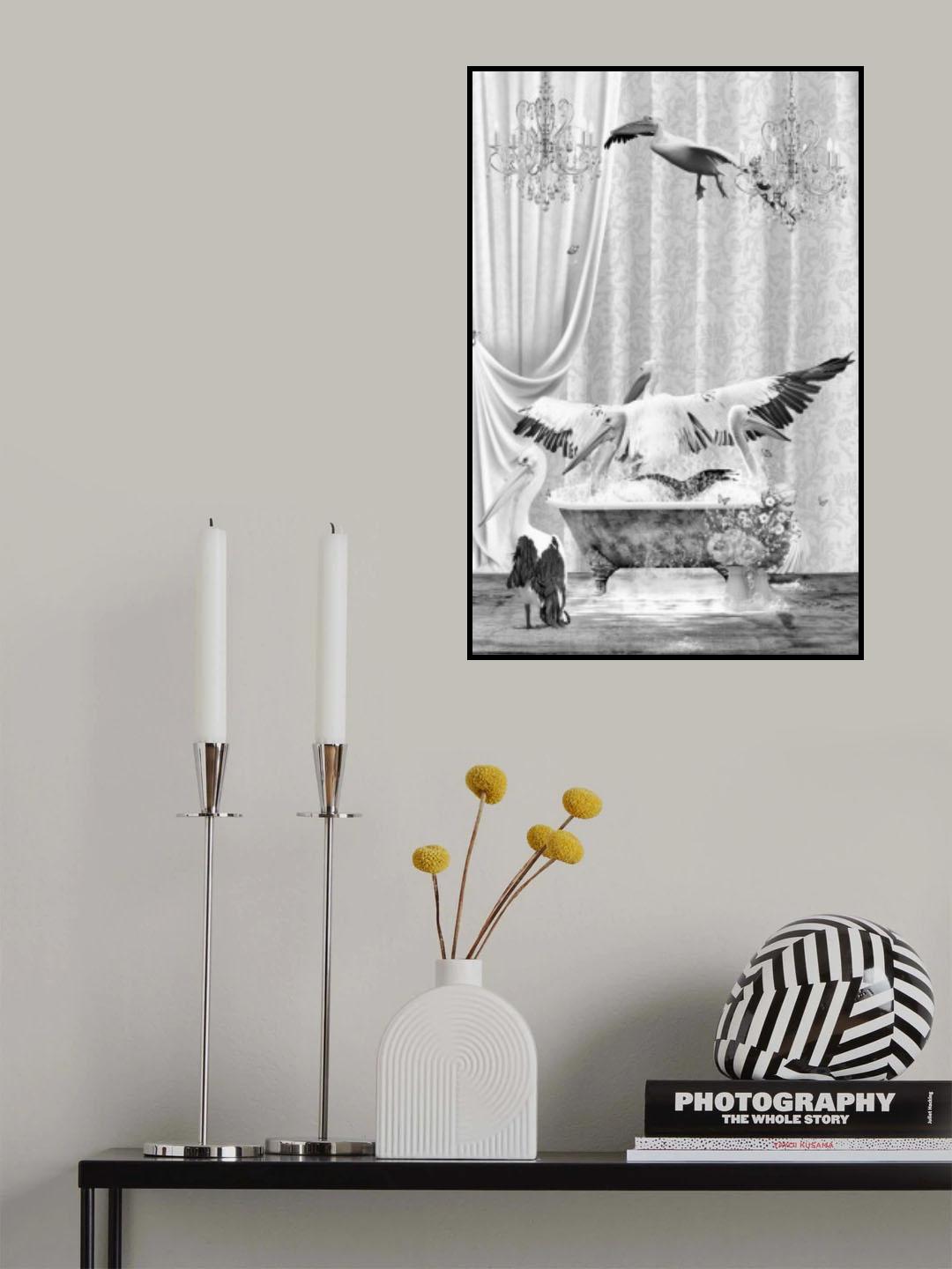 Pelicans &amp; Bubbles Black &amp; White Poster och Canvastavla
