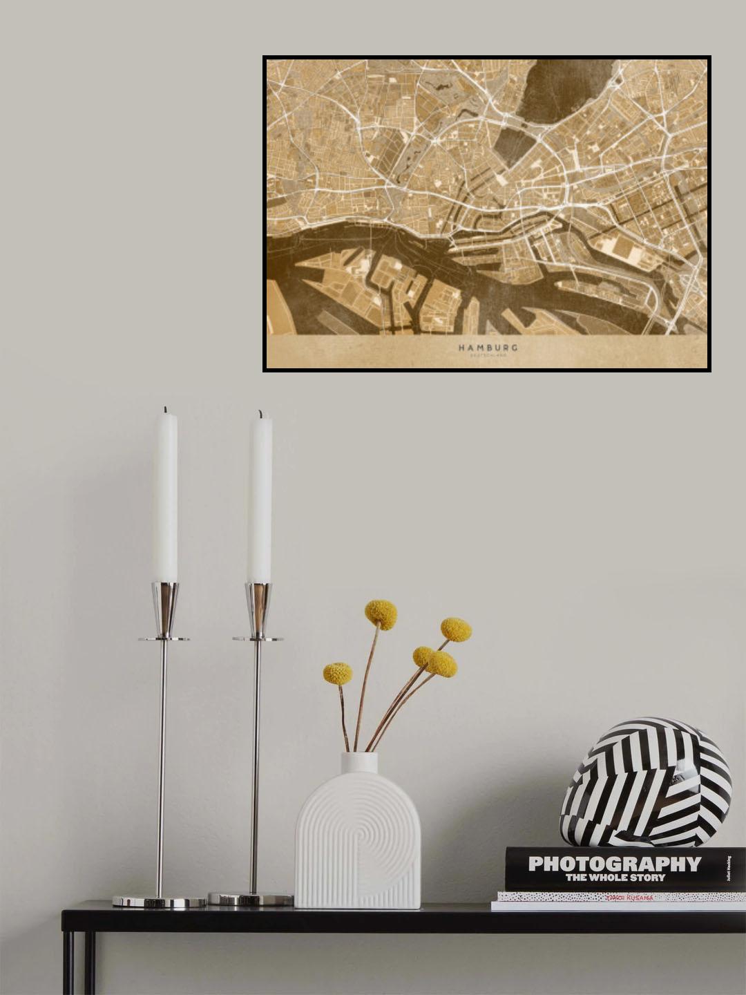 Sepia vintage map of Hamburg downtown Germany Poster och Canvastavla