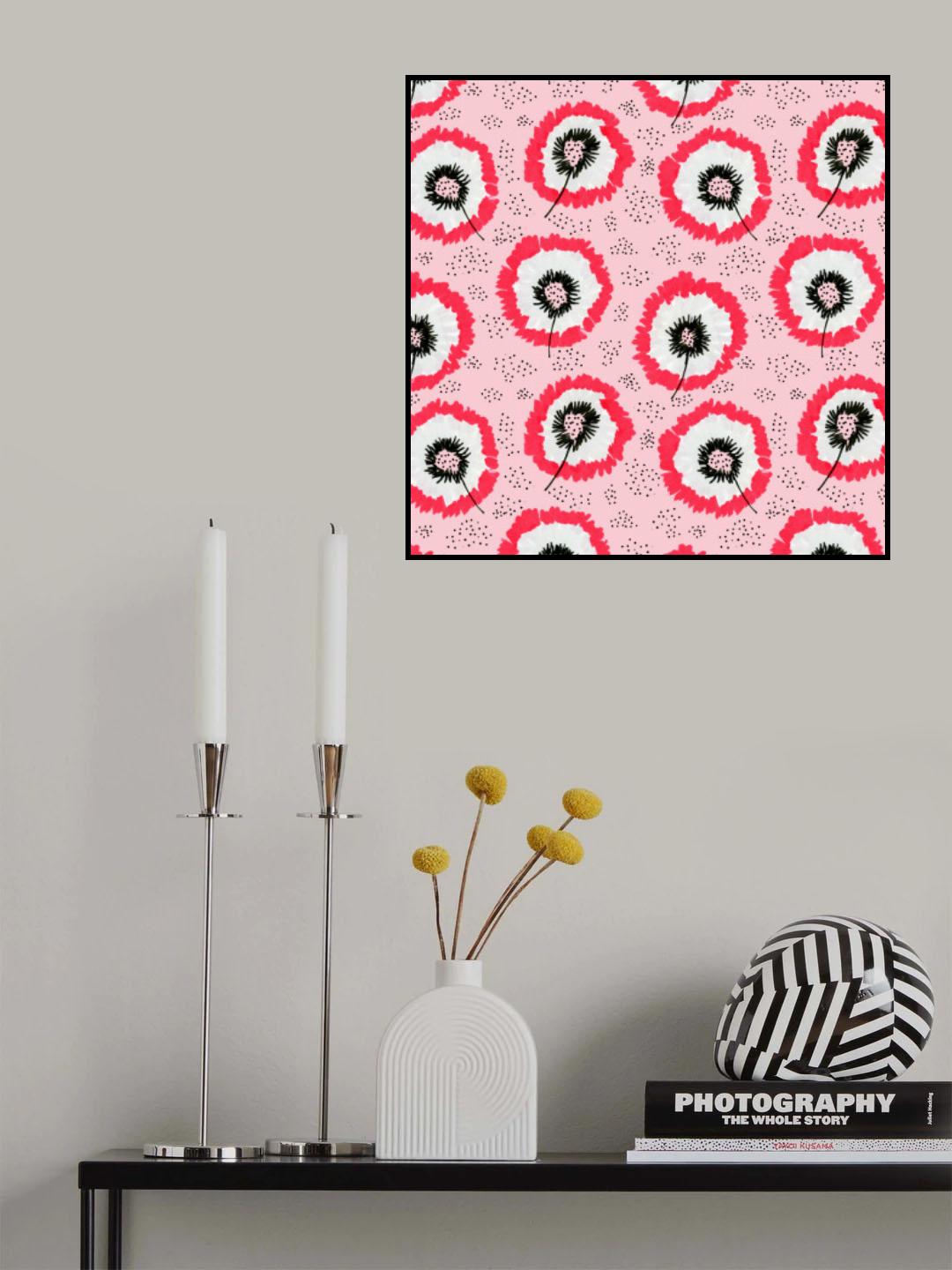 Gray Red On Pink Flower Fringes Polka Dot Poster och Canvastavla