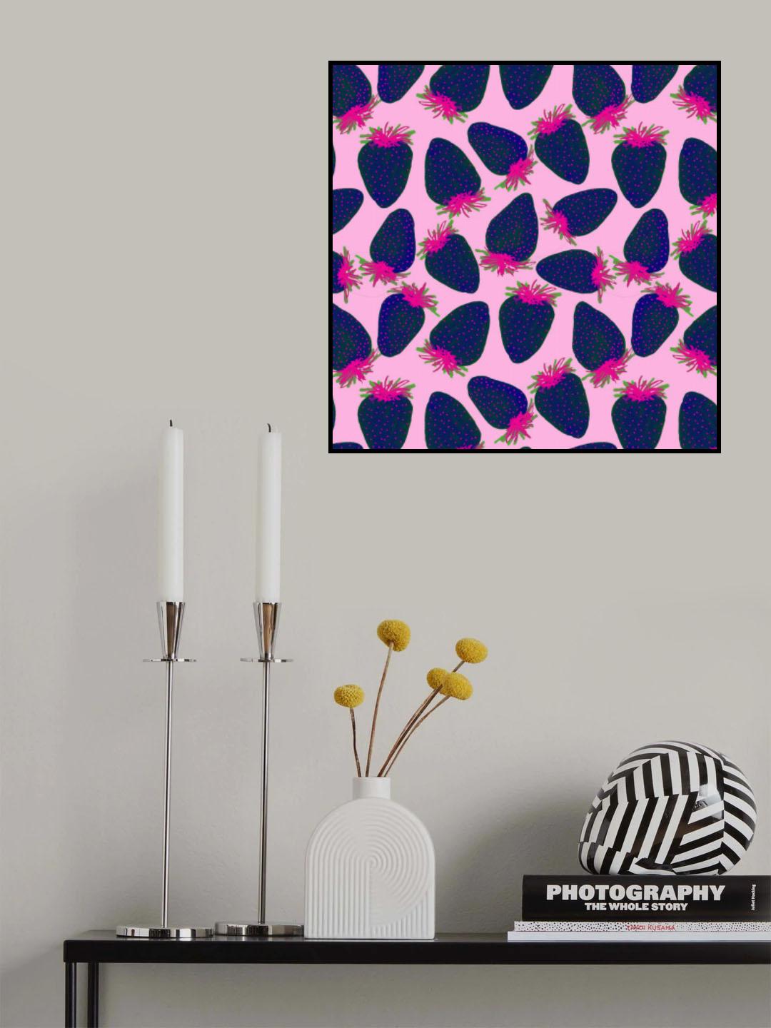 Strawberries Fruit Navy Blue Pink On Pink Poster och Canvastavla