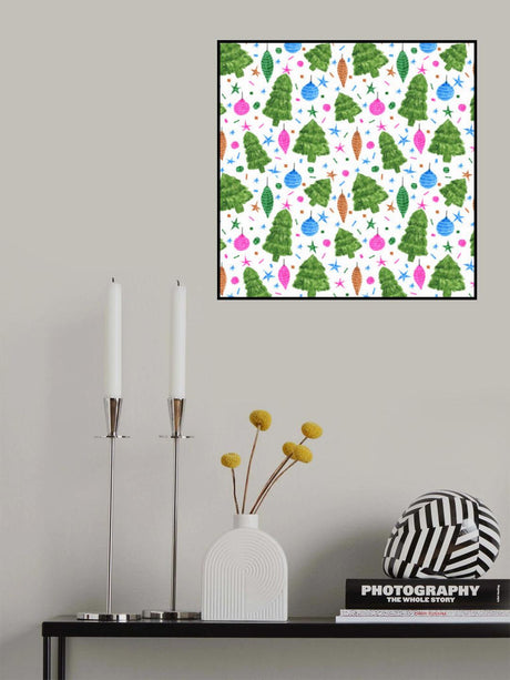 Pink Blue Green Christmas Trees and Bulbs Poster och Canvastavla