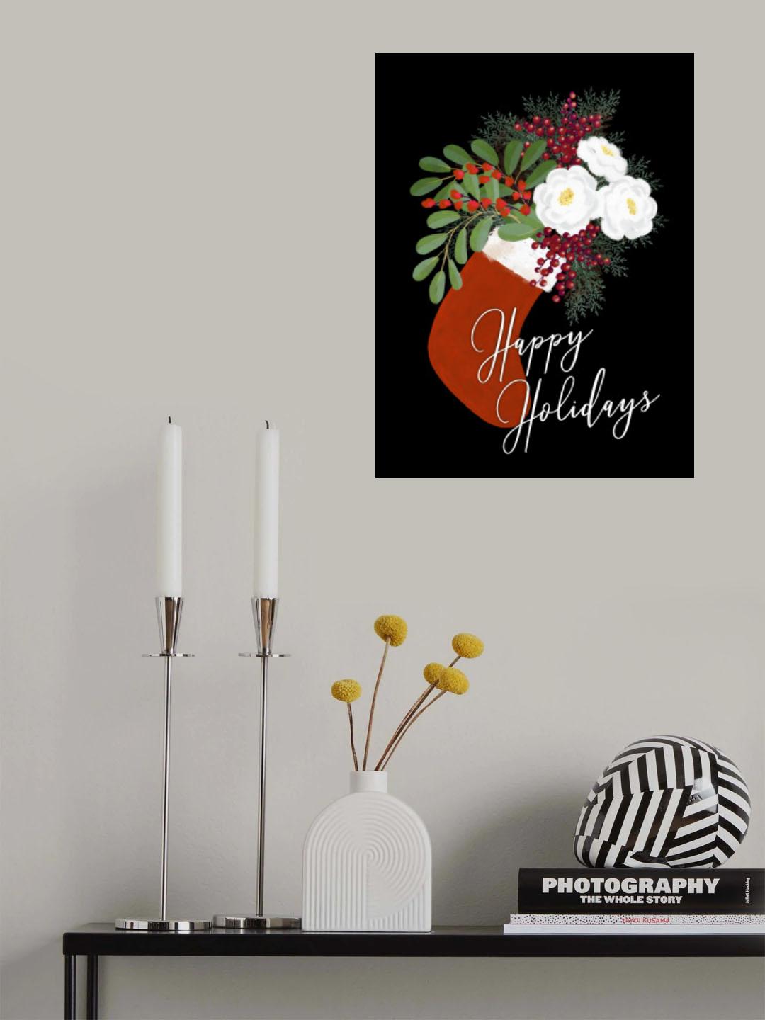 Floral Stocking Happy holidays in black Poster och Canvastavla