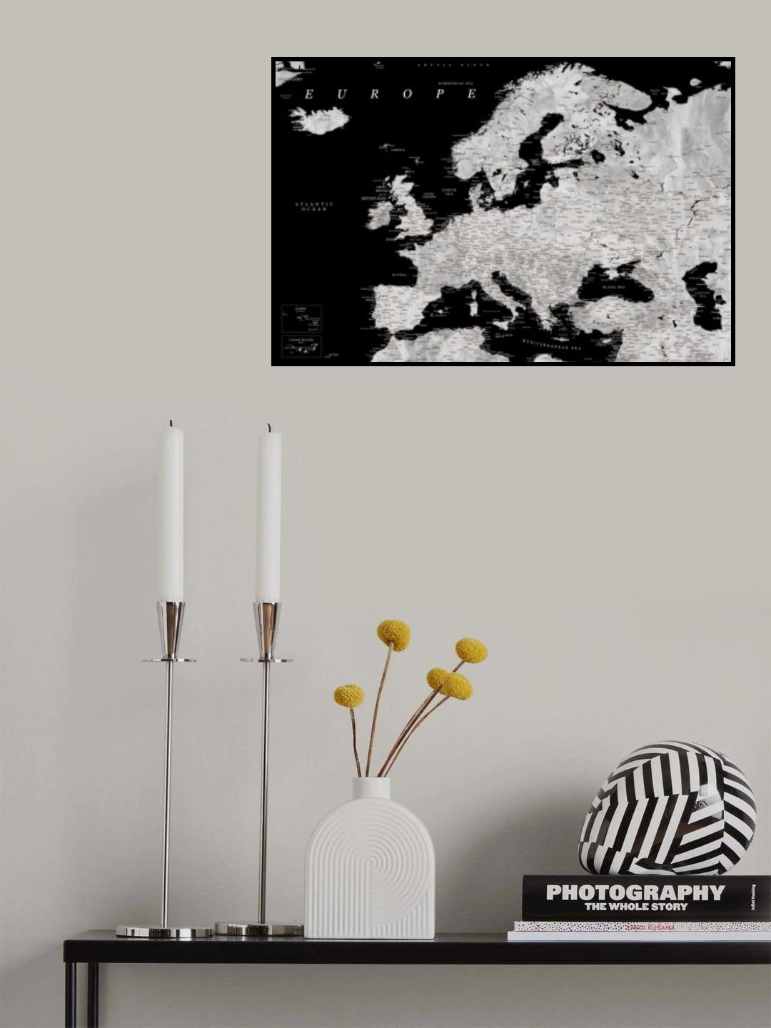 Black and grey detailed map of Europe Poster och Canvastavla