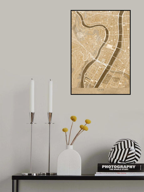 Sepia vintage map of Lyon downtown France Poster och Canvastavla