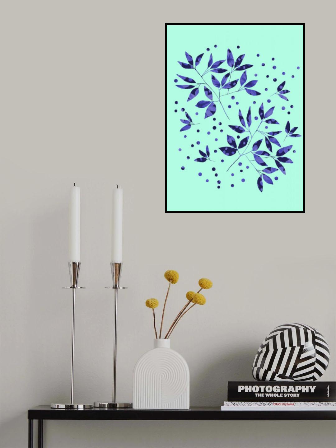 Floral Branches Blue Pattern On Mint Copy Poster och Canvastavla