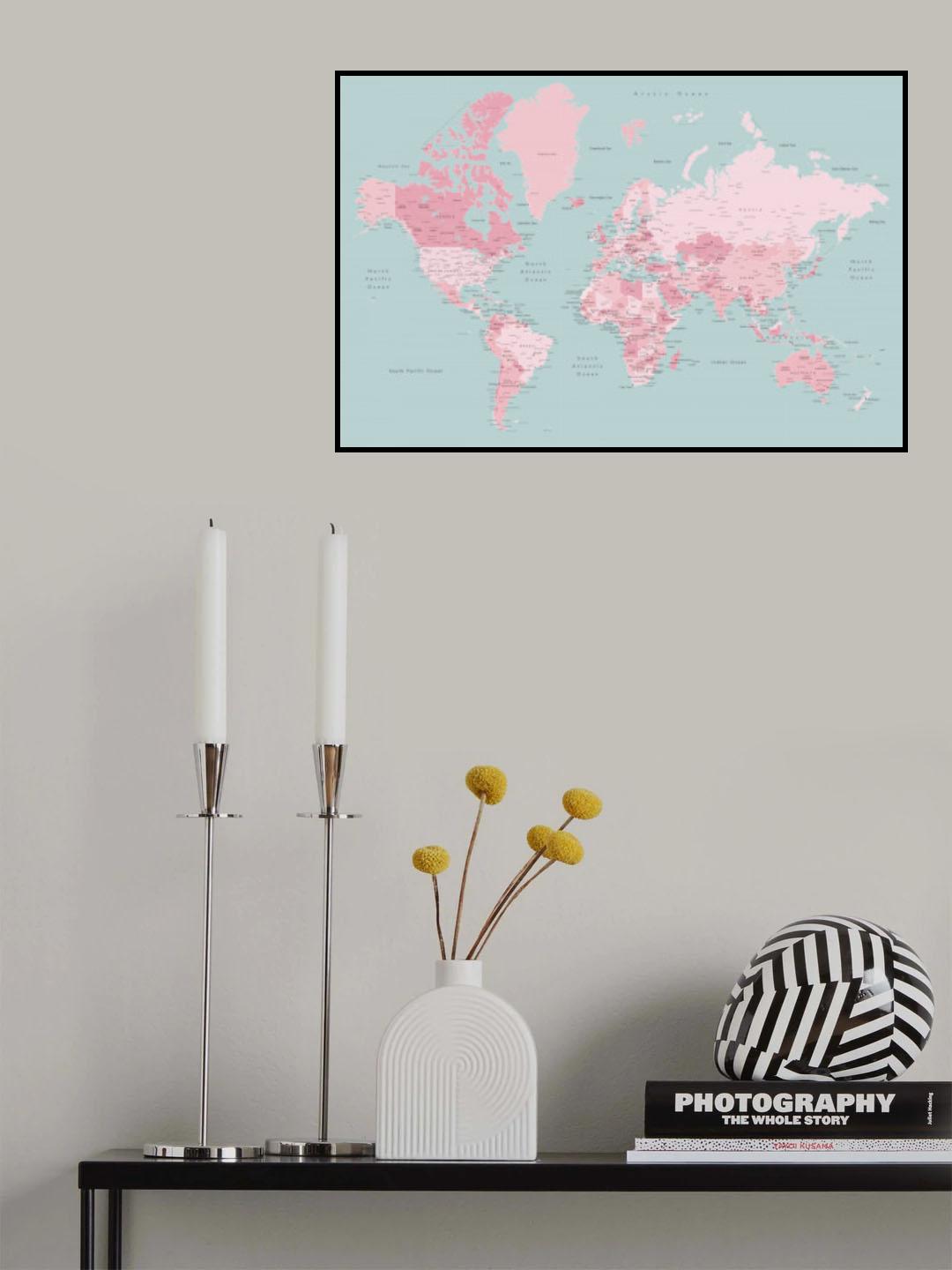 Pink and aqua world map with cities, Isobel Poster och Canvastavla