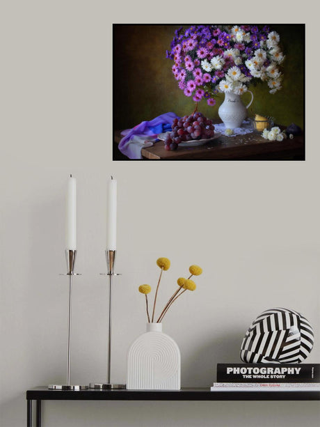 Still life with a bouquet of chrysanthemums and grapes Poster och Canvastavla