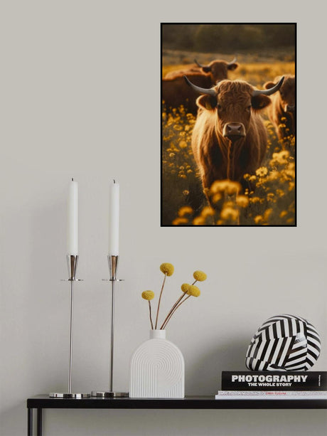 Highland cows in flower field no2 Poster och Canvastavla