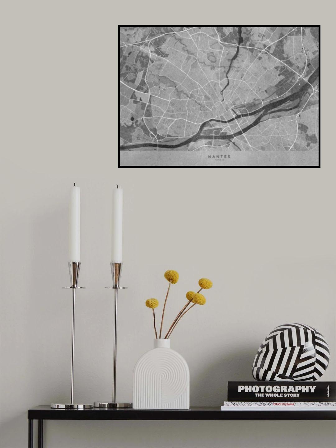 Gray vintage map of Nantes France Poster och Canvastavla