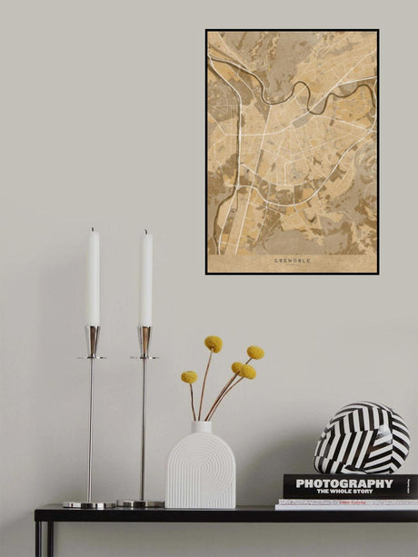 Sepia vintage map of Grenoble France Poster och Canvastavla
