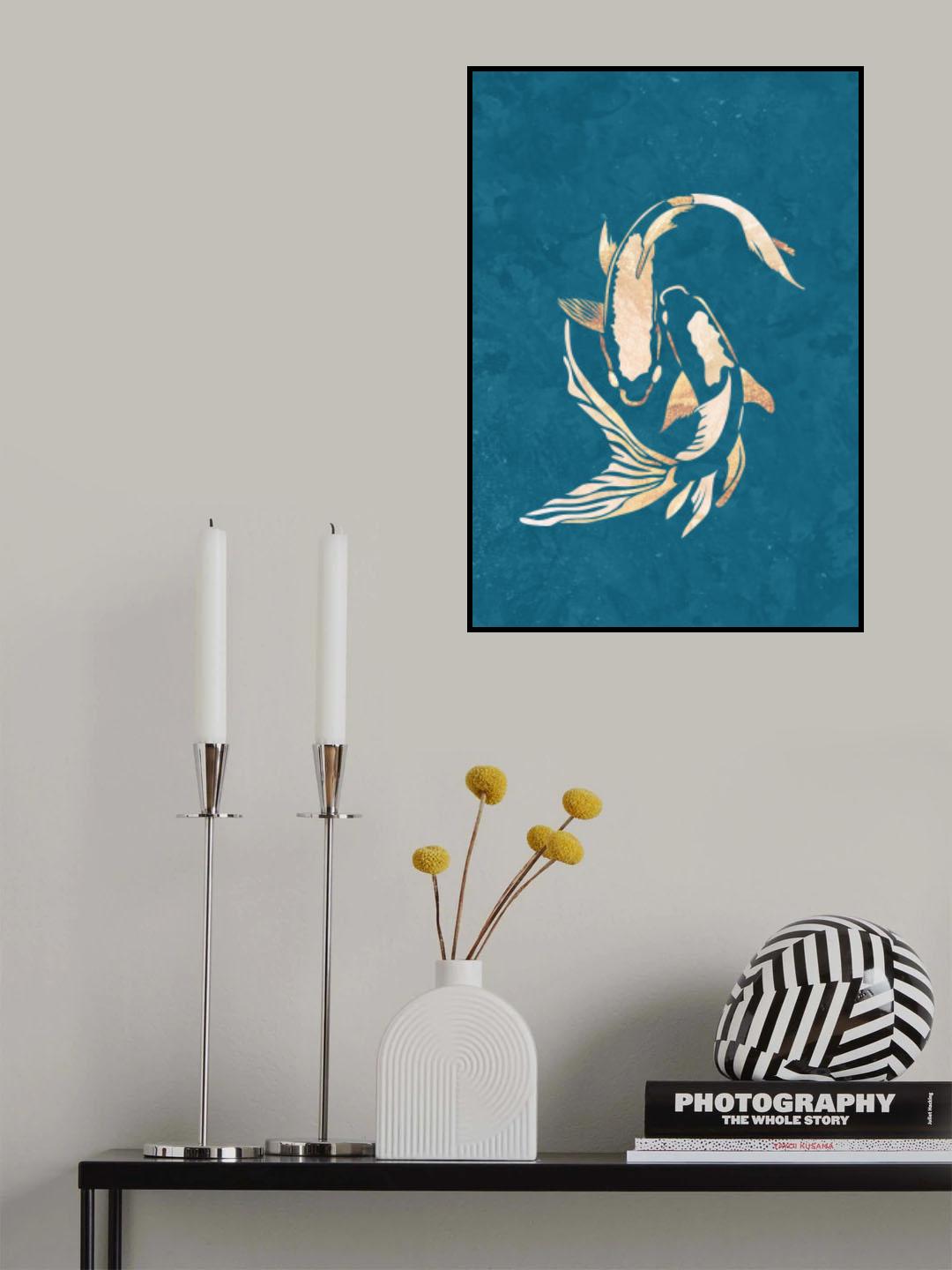 Gold Blue Koi Fish Poster och Canvastavla