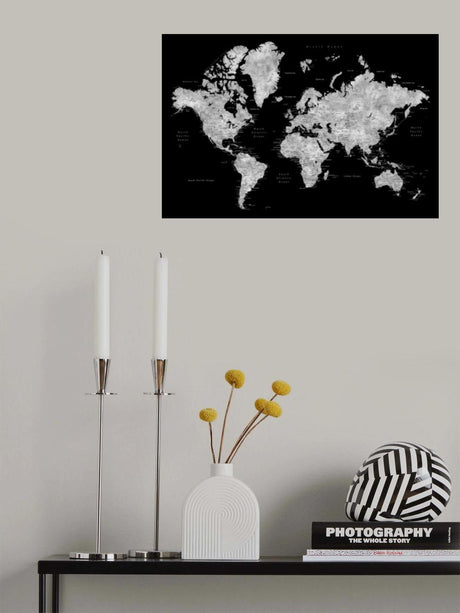 Gray world map with cities, Baibah Poster och Canvastavla
