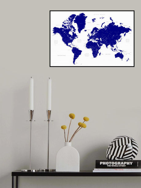Navy blue world map with cities, Nevin Poster och Canvastavla