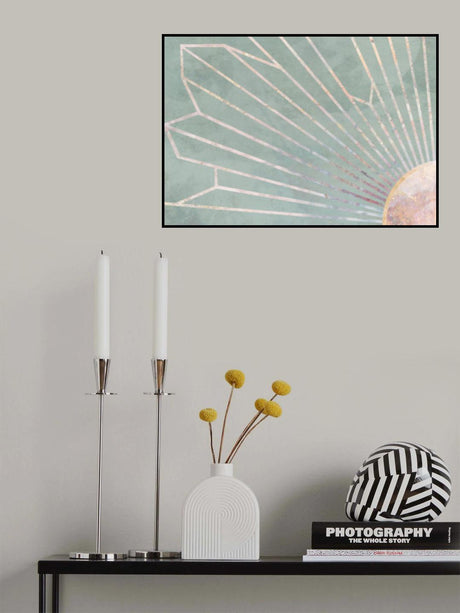 Gold geometric sun rays mural green Poster och Canvastavla