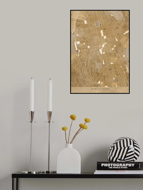 Sepia vintage map of Saint Etienne downtown France Poster och Canvastavla