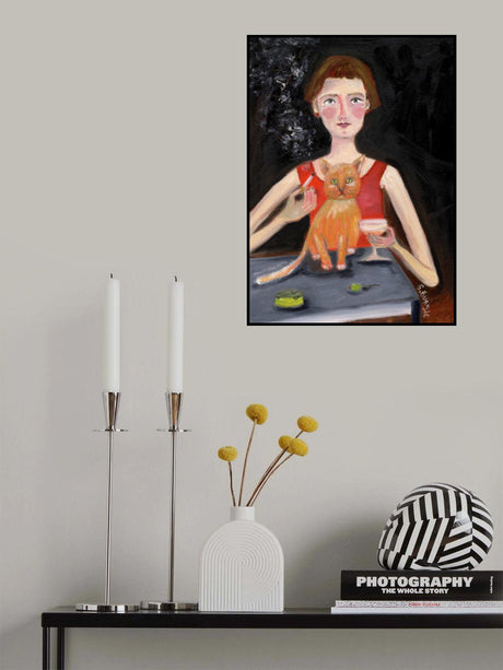 Vintage woman with cocktail and cat Poster och Canvastavla