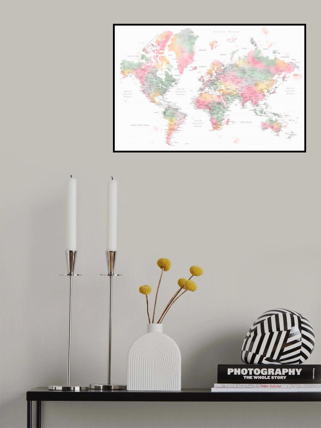 Pastel watercolor world map with cities, Anjah Poster och Canvastavla