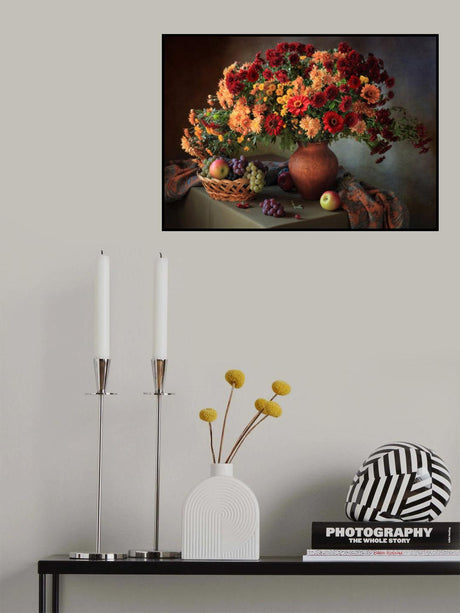 Still life with a bouquet of chrysanthemums and fruit Poster och Canvastavla