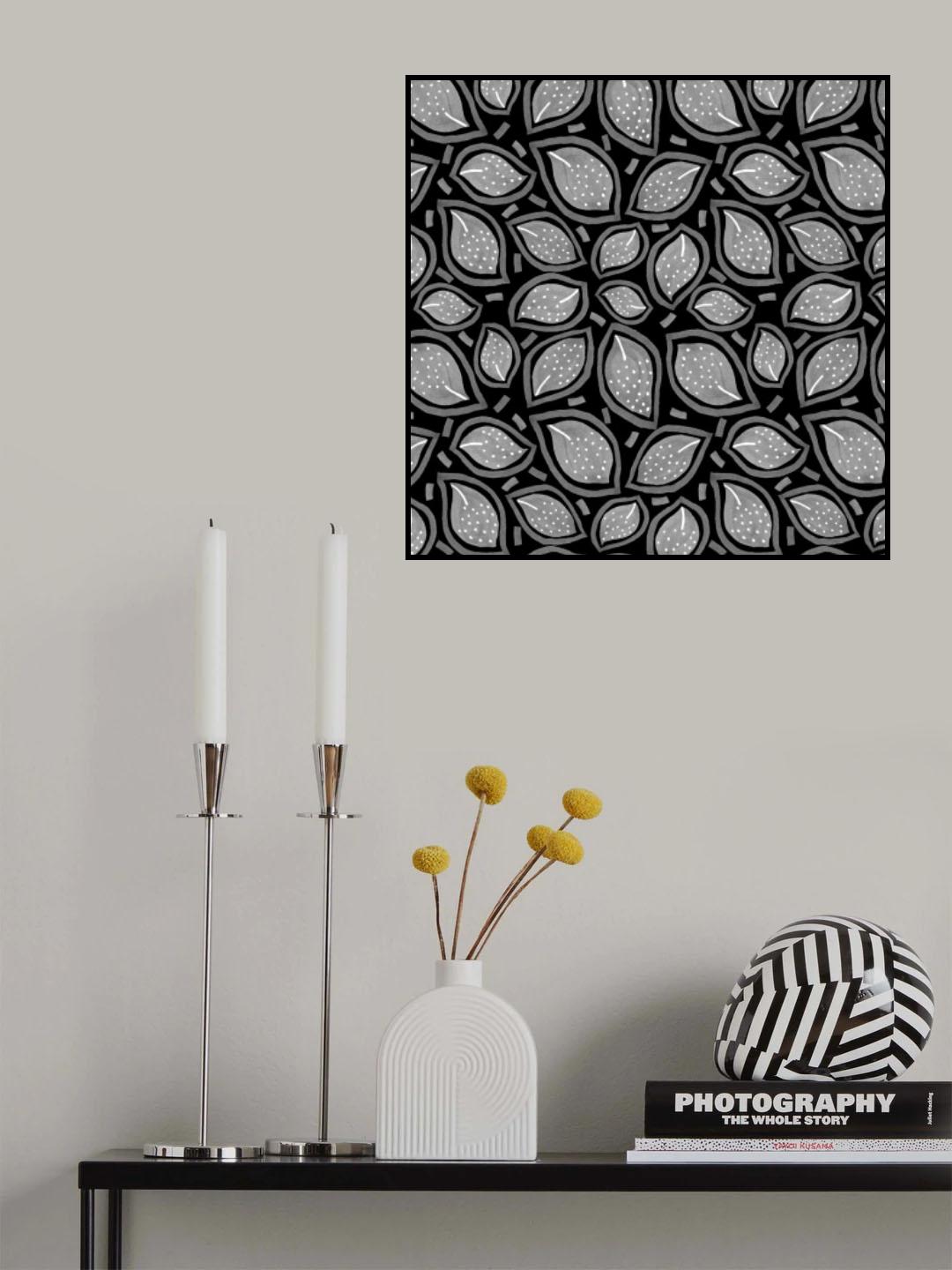 Scattered Leaves Polka Dot Gray On Black Poster och Canvastavla