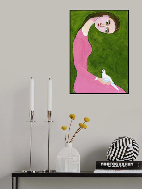 Girl with Dove sitting with pink dress Poster och Canvastavla