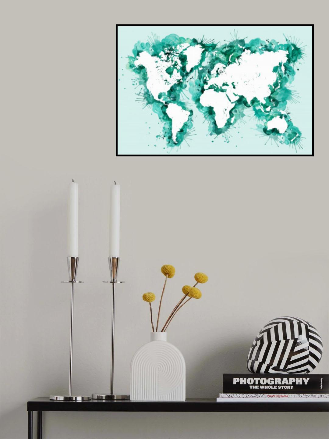 Teal strokes world map Poster och Canvastavla