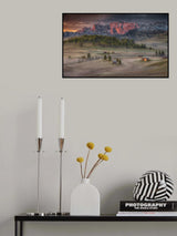 Burning mountains over the frozen valley Poster och Canvastavla